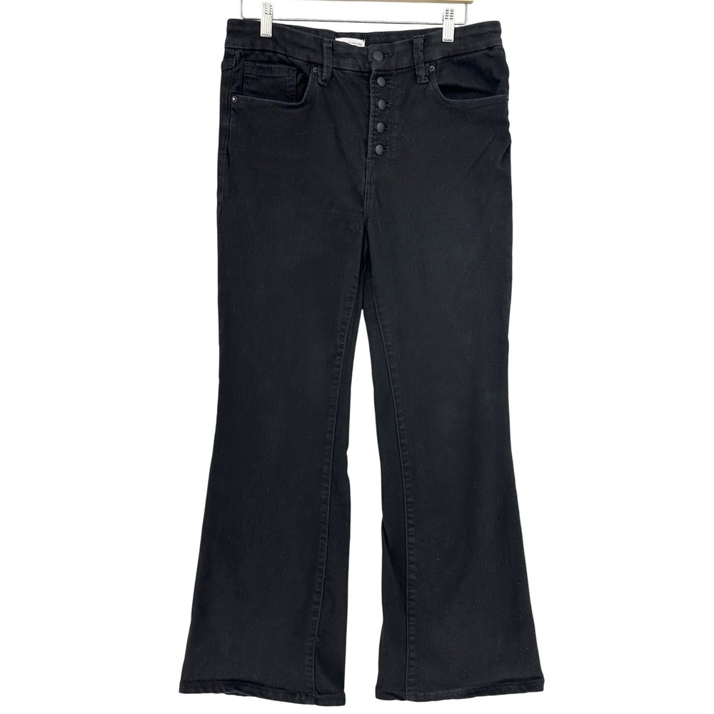 Good American High Rise Button Fly Stretch Denim Flared Jeans Black Womens 14/32